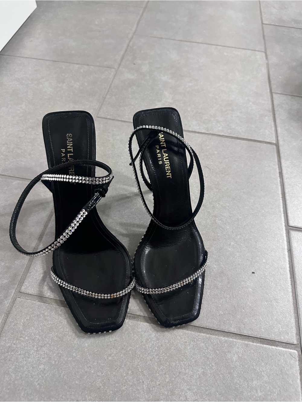 Saint Laurent Black Crystal-Strap Square-Toe Heels